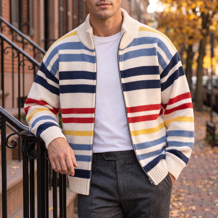 Ramsey Striped Wool Blend Zip Cardigan - Beige