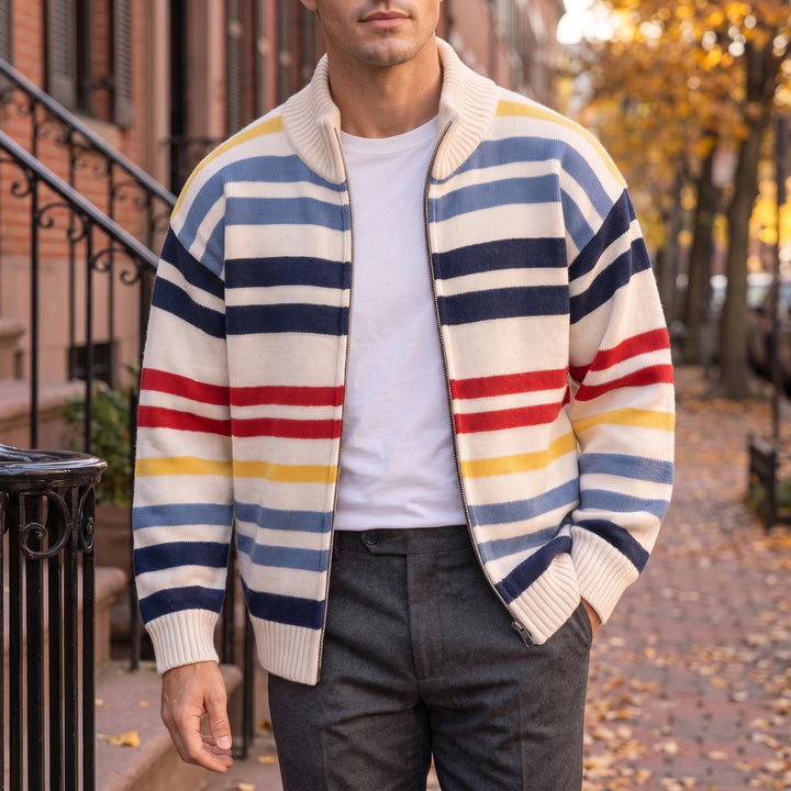Ramsey Striped Wool Blend Zip Cardigan - Beige