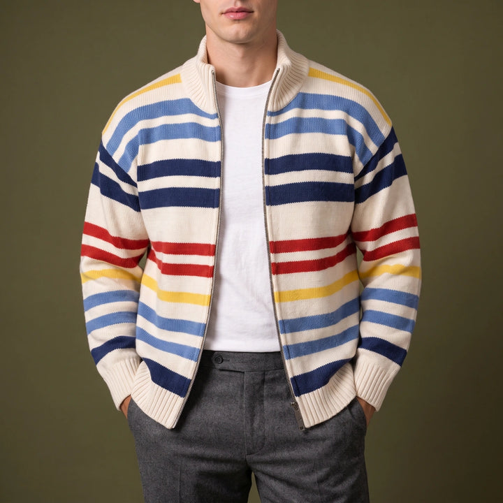 Ramsey Striped Wool Blend Zip Cardigan - Beige