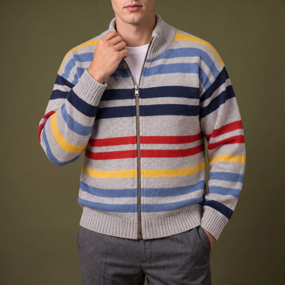 Ramsey Striped Wool Blend Zip Cardigan - Gray