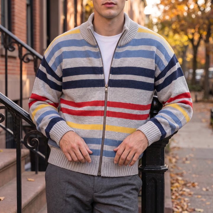 Ramsey Striped Wool Blend Zip Cardigan - Gray