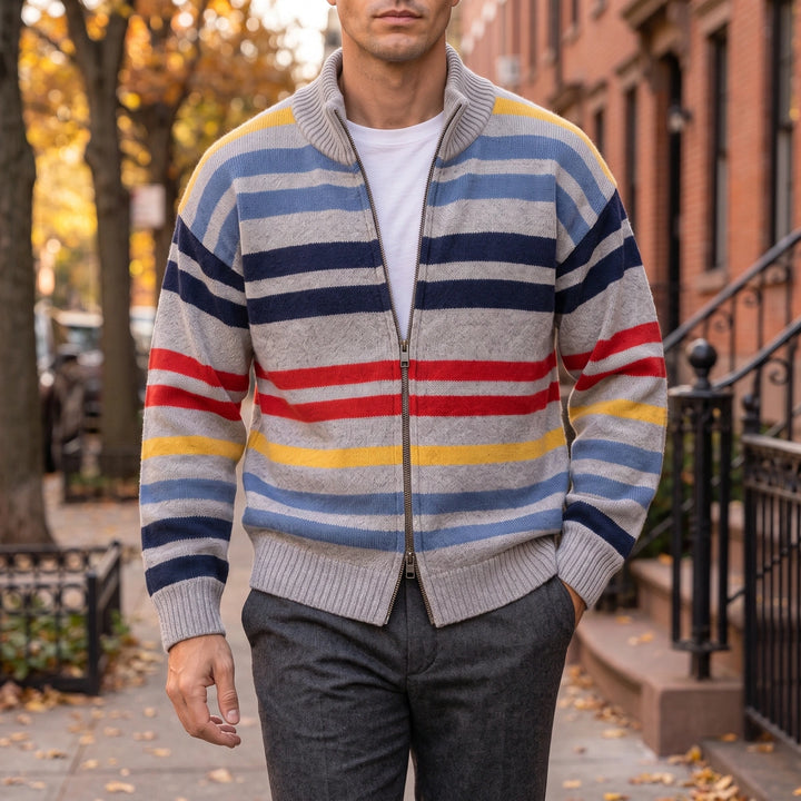 Ramsey Striped Wool Blend Zip Cardigan - Gray