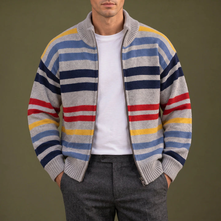 Ramsey Striped Wool Blend Zip Cardigan - Gray