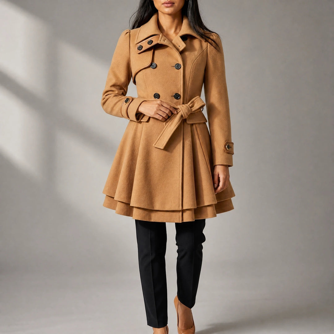 Lydia Belted Fit and Flare Wool Coat - Camel