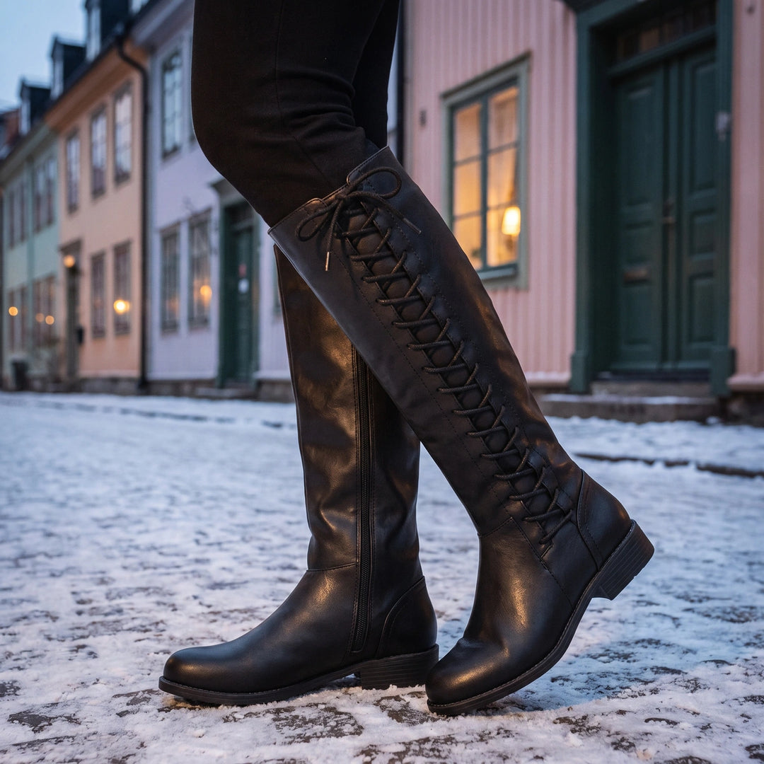 Greta Side Lace Knee High Boots - Black
