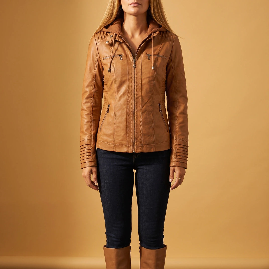 Elowen Hooded Moto Leather Jacket - Cognac