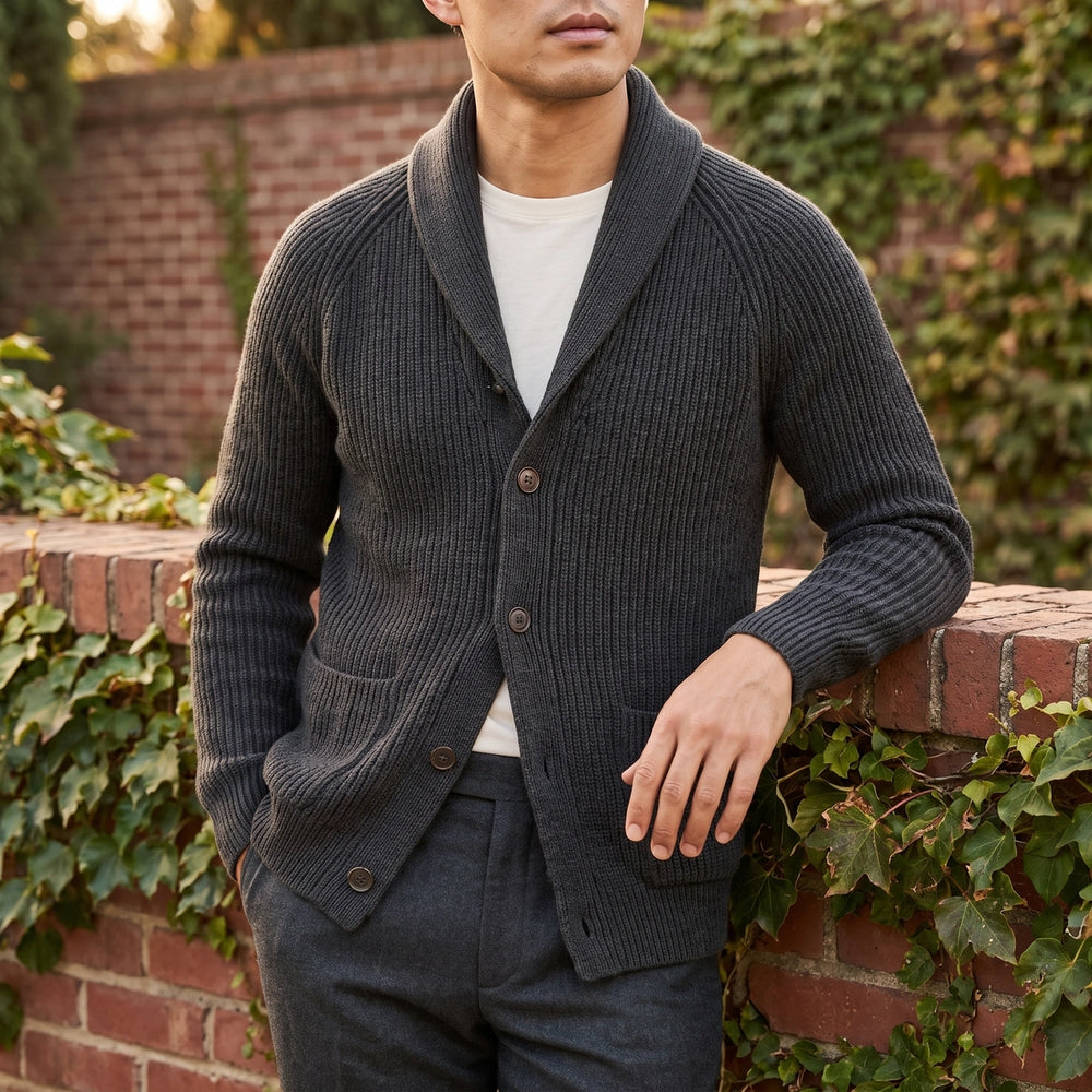 Desmond Ribbed Shawl Collar Cardigan - Gray