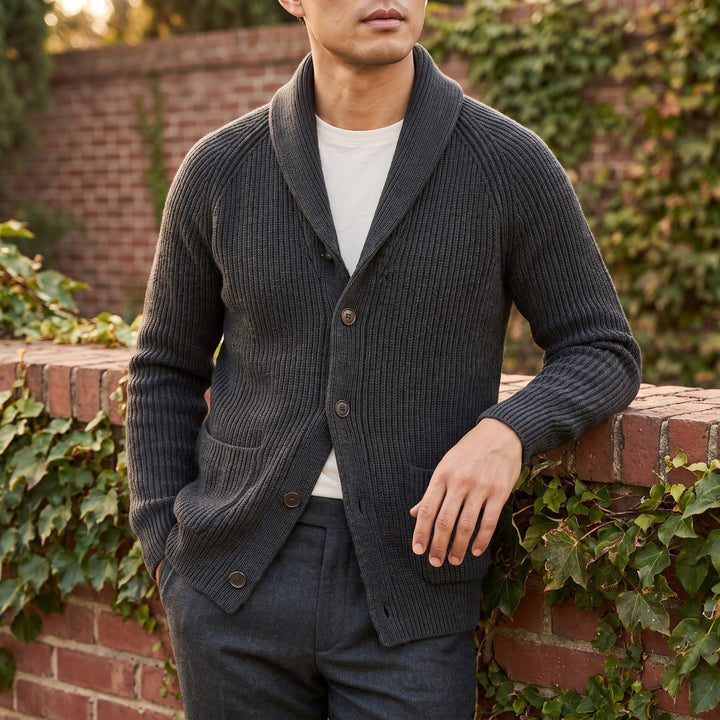 Desmond Ribbed Shawl Collar Cardigan - Gray
