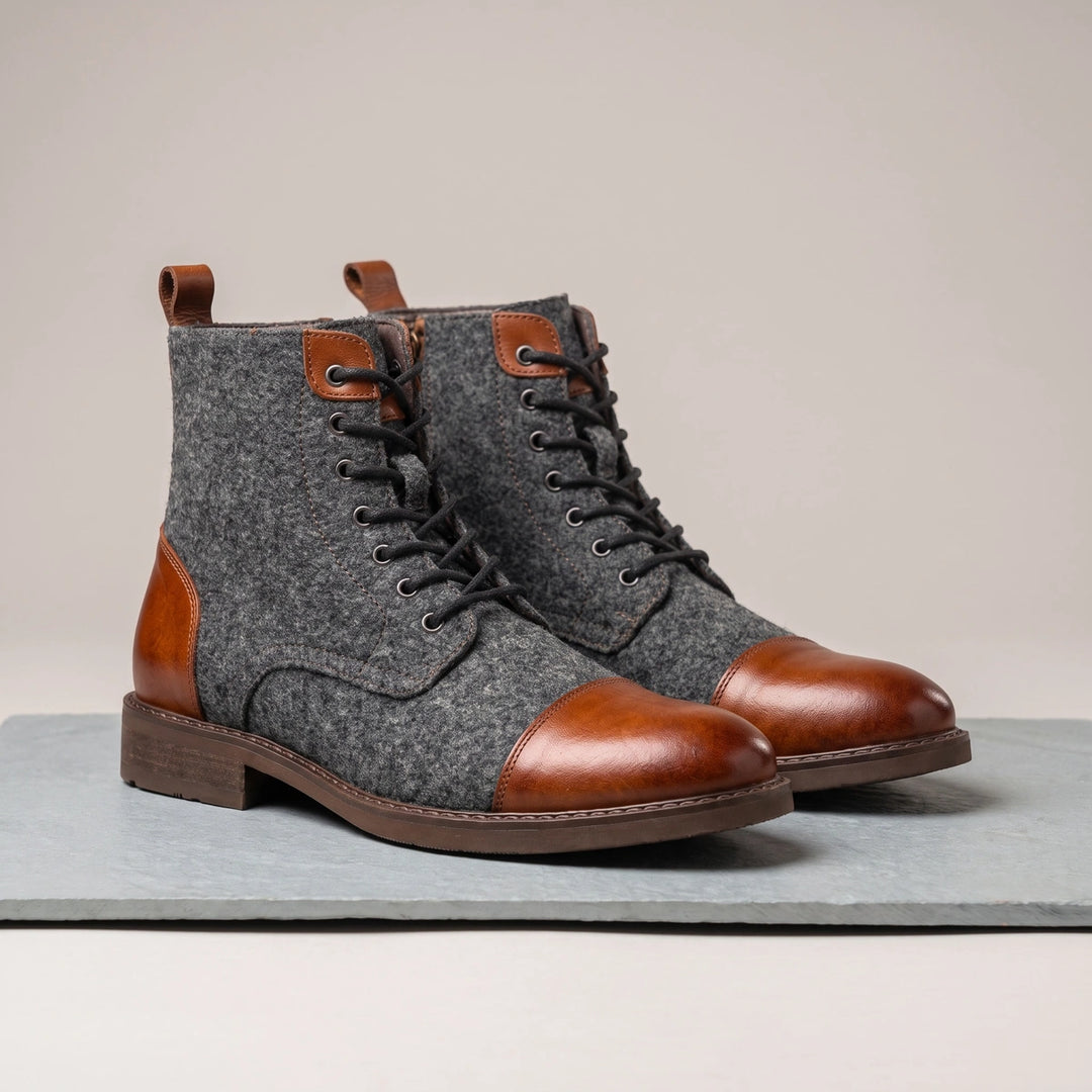 Lowell Wool Panel Cap Toe Boots - Cognac
