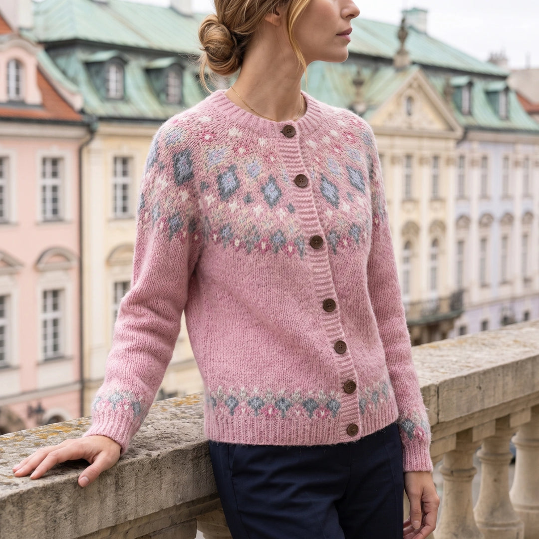 Flora Fair Isle Yoke Button Cardigan - Pink
