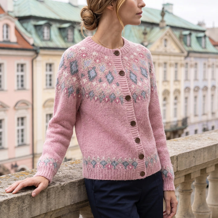 Flora Fair Isle Yoke Button Cardigan - Pink