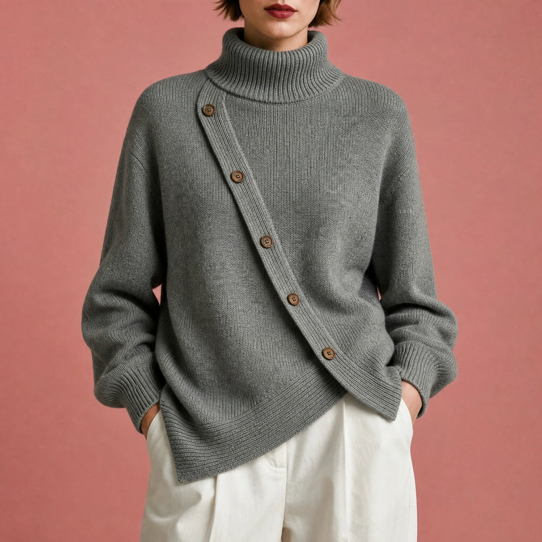 Eira High Neck Asymmetric Button Wrap Sweater - Gray