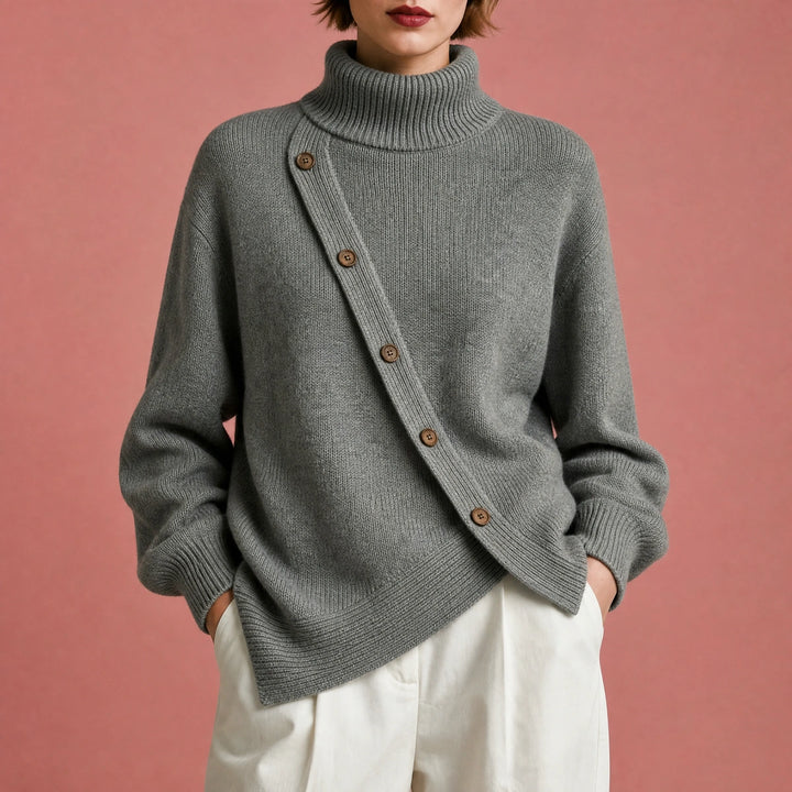 Eira High Neck Asymmetric Button Wrap Sweater - Gray