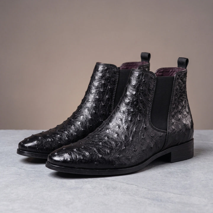 Whitaker Men's Ostrich Embossed Leather Boots - Black