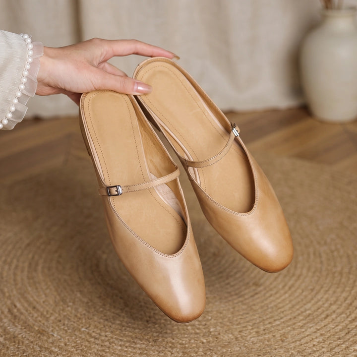 Winnie Women's Leather Round Toe Mules - Apricot