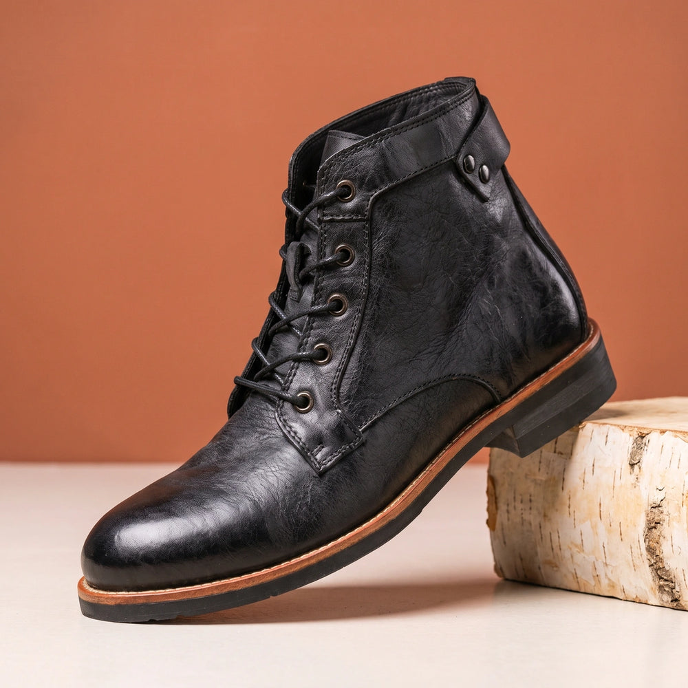 Reinhold Burnished Leather Brass Eyelet Ankle Boots - Black