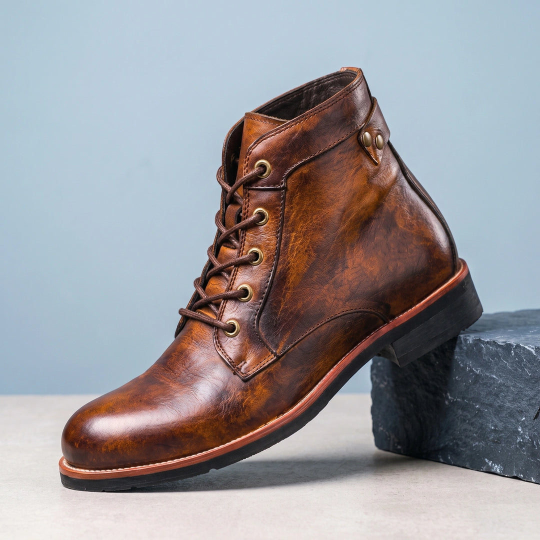 Reinhold Burnished Leather Brass Eyelet Ankle Boots - Brown