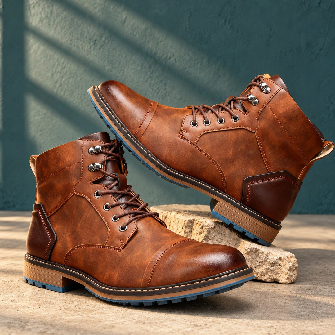 Richard Burnished Leather Cap Toe Lace Up Boots - Chestnut Brown