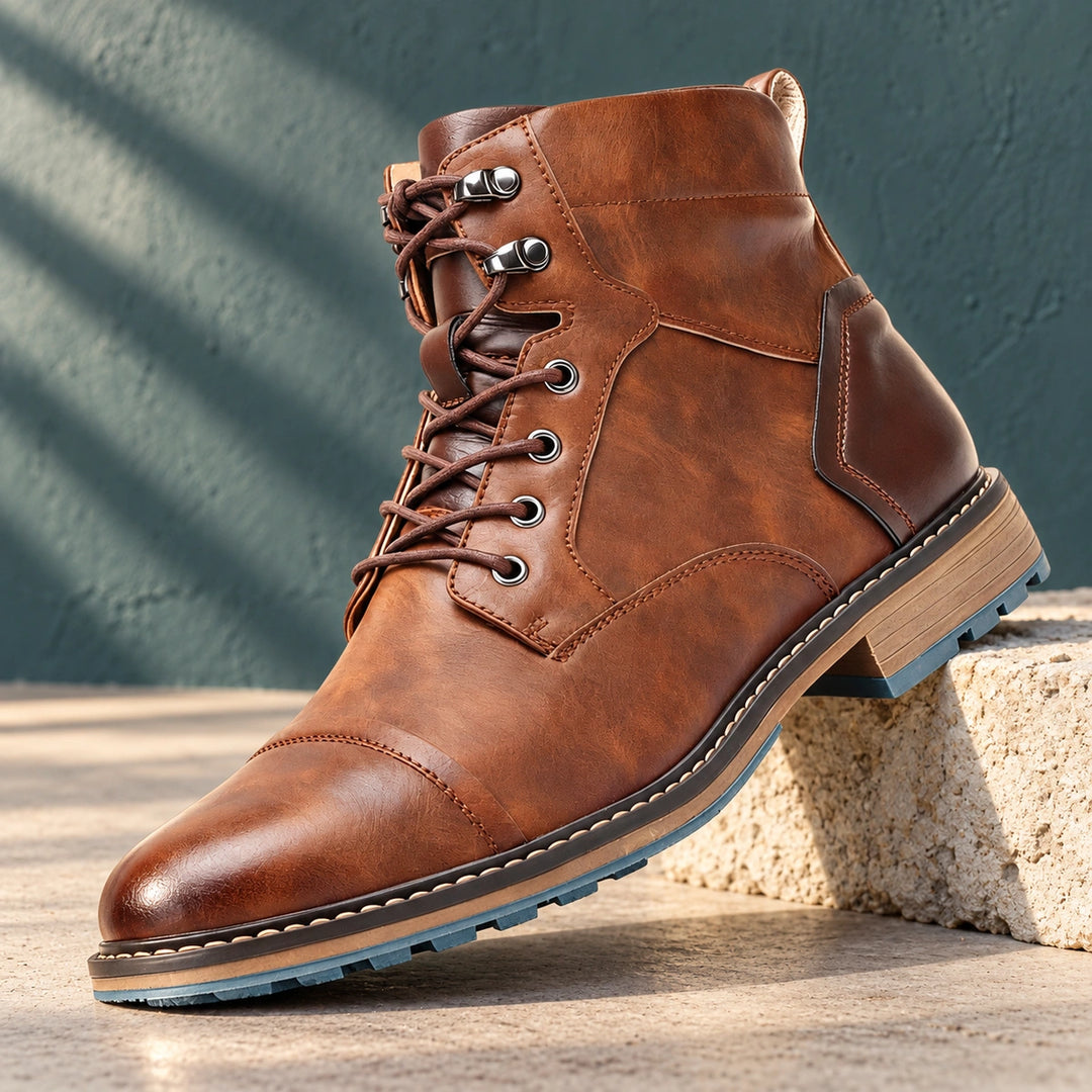 Richard Burnished Leather Cap Toe Lace Up Boots - Chestnut Brown