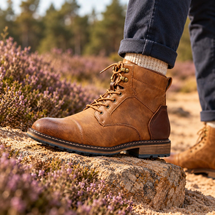 Richard Burnished Leather Cap Toe Lace Up Boots - Oak Tan