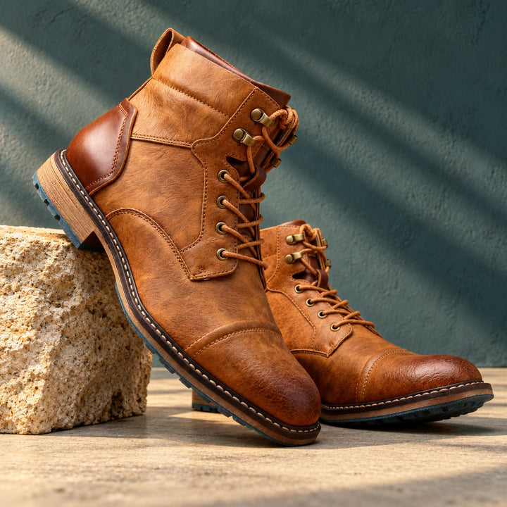 Richard Burnished Leather Cap Toe Lace Up Boots - Oak Tan