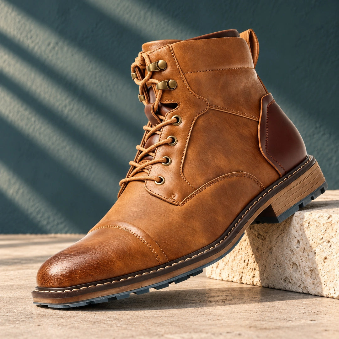 Richard Burnished Leather Cap Toe Lace Up Boots - Oak Tan