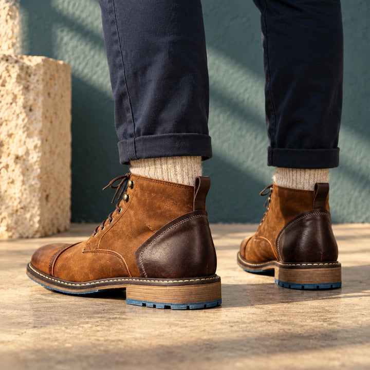 Richard Burnished Leather Cap Toe Lace Up Boots - Saddle Brown