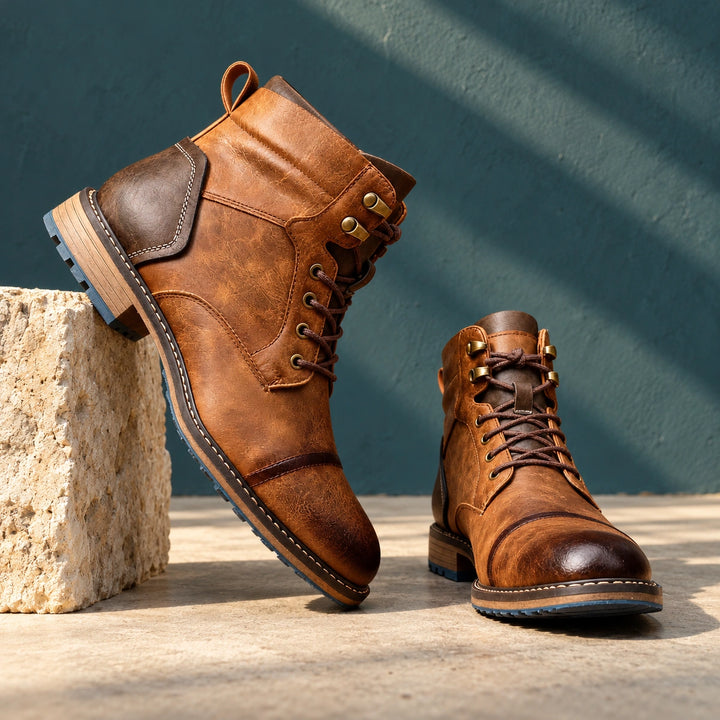 Richard Burnished Leather Cap Toe Lace Up Boots - Saddle Brown