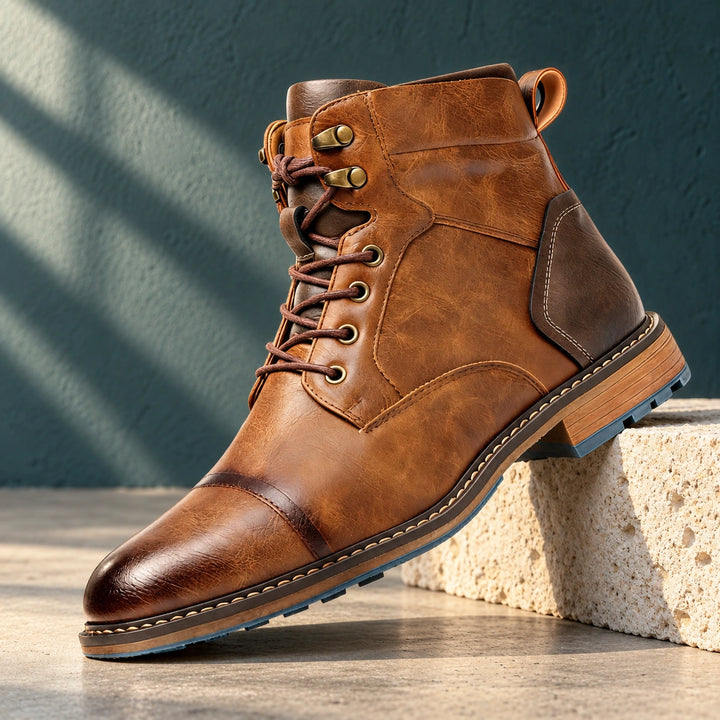 Richard Burnished Leather Cap Toe Lace Up Boots - Saddle Brown