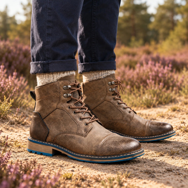 Richard Burnished Leather Cap Toe Lace Up Boots - Stone Taupe