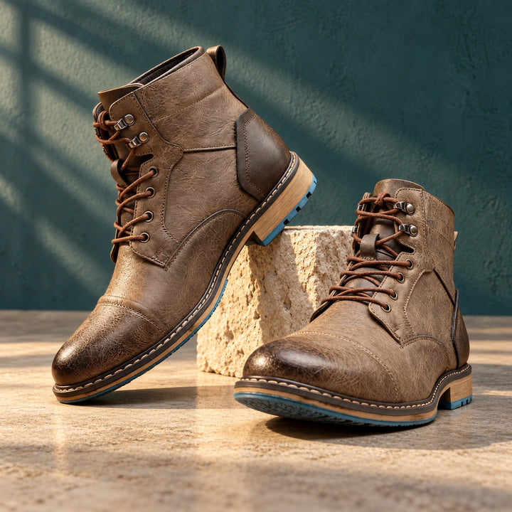 Richard Burnished Leather Cap Toe Lace Up Boots - Stone Taupe