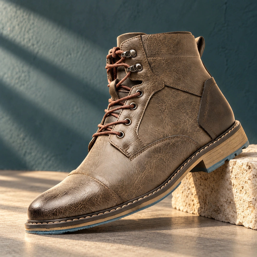 Richard Burnished Leather Cap Toe Lace Up Boots - Stone Taupe