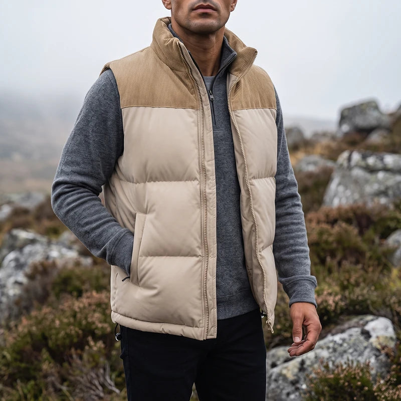 Rupert Men's Corduroy Yoke Puffer Vest - Beige