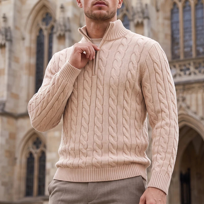 Roderick Men's Half Zip Cable Sweater - Khaki