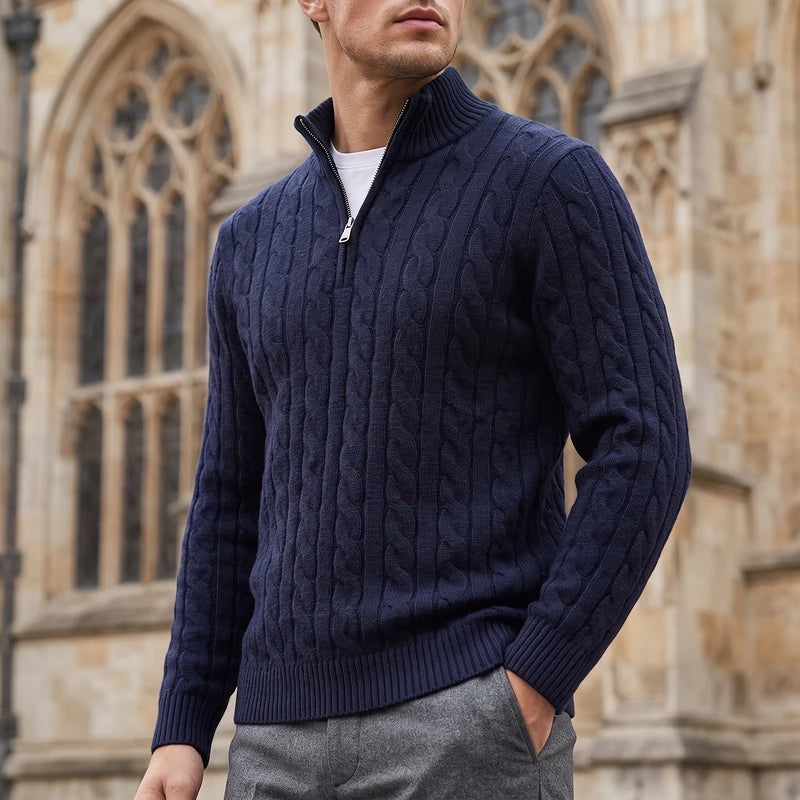 Roderick Men's Half Zip Cable Sweater - Navy Blue