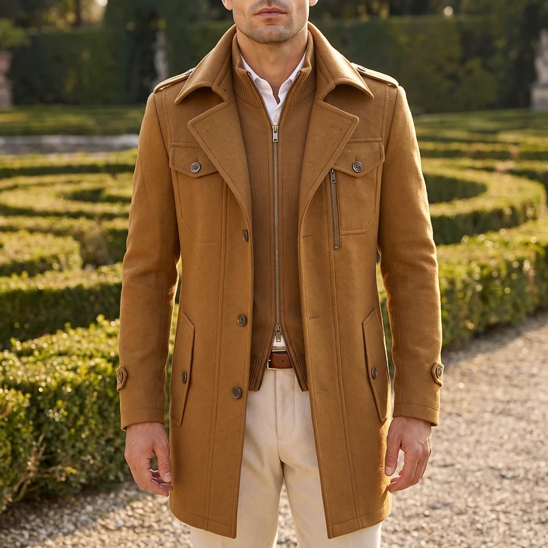Leopold Men's Wool Stand Collar Coat - Camel