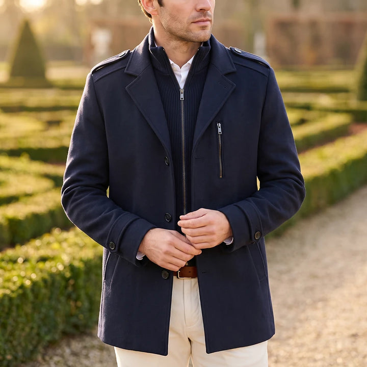 Leopold Men's Wool Stand Collar Coat - Navy Blue