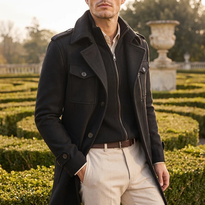Leopold Men's Wool Stand Collar Coat - Black