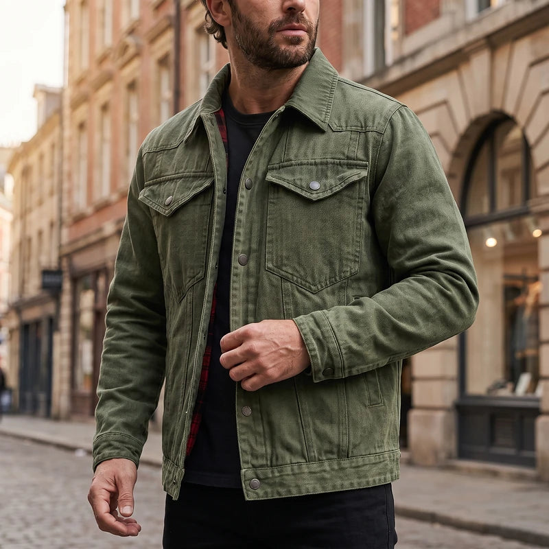 Reginald Men's Flannel Lined Denim Jacket - Green