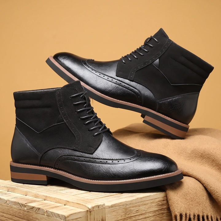Ronald Suede Panel Wingtip Brogue Dress Boots - Black