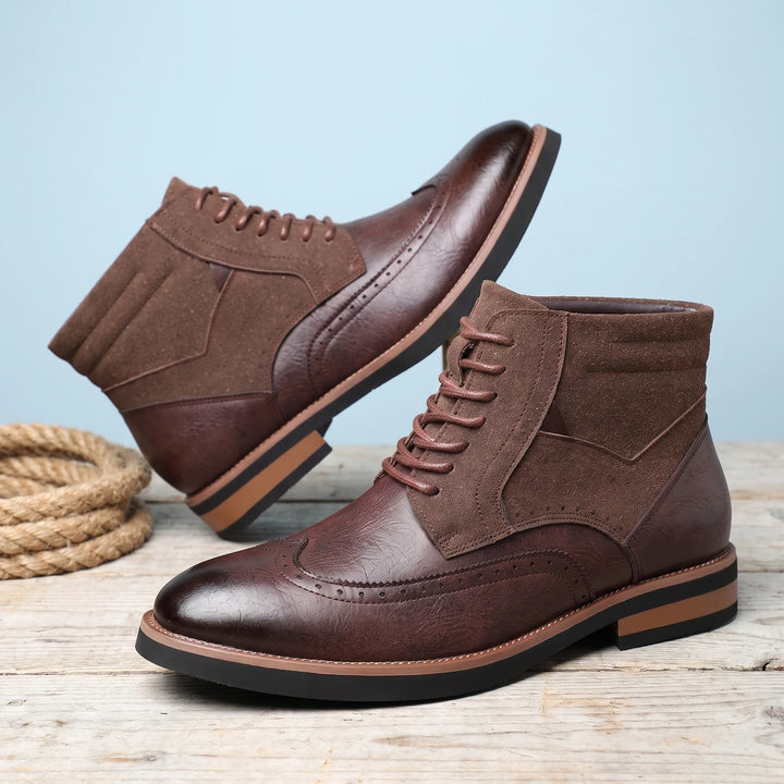 Ronald Suede Panel Wingtip Brogue Dress Boots - Brown