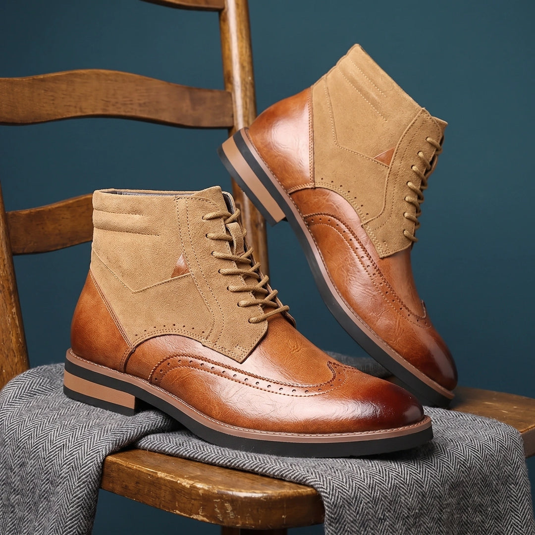 Ronald Suede Panel Wingtip Brogue Dress Boots - Light Brown