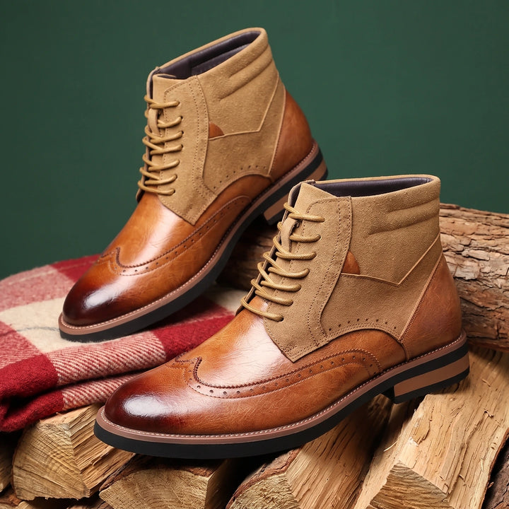 Ronald Suede Panel Wingtip Brogue Dress Boots - Light Brown
