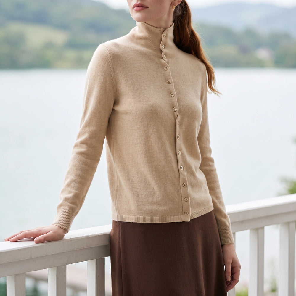 Rosaline Cashmere High Neck Button Cardigan - Beige