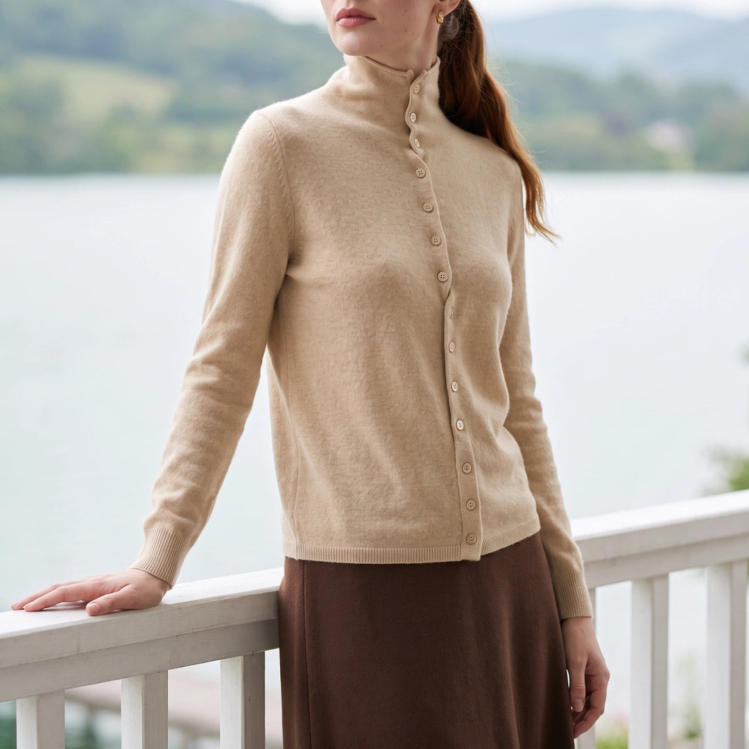 Rosaline Cashmere High Neck Button Cardigan - Beige