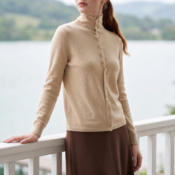 Rosaline Cashmere High Neck Button Cardigan - Beige