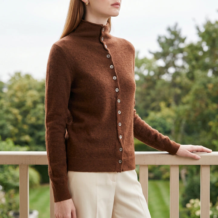 Rosaline Cashmere High Neck Button Cardigan - Brown