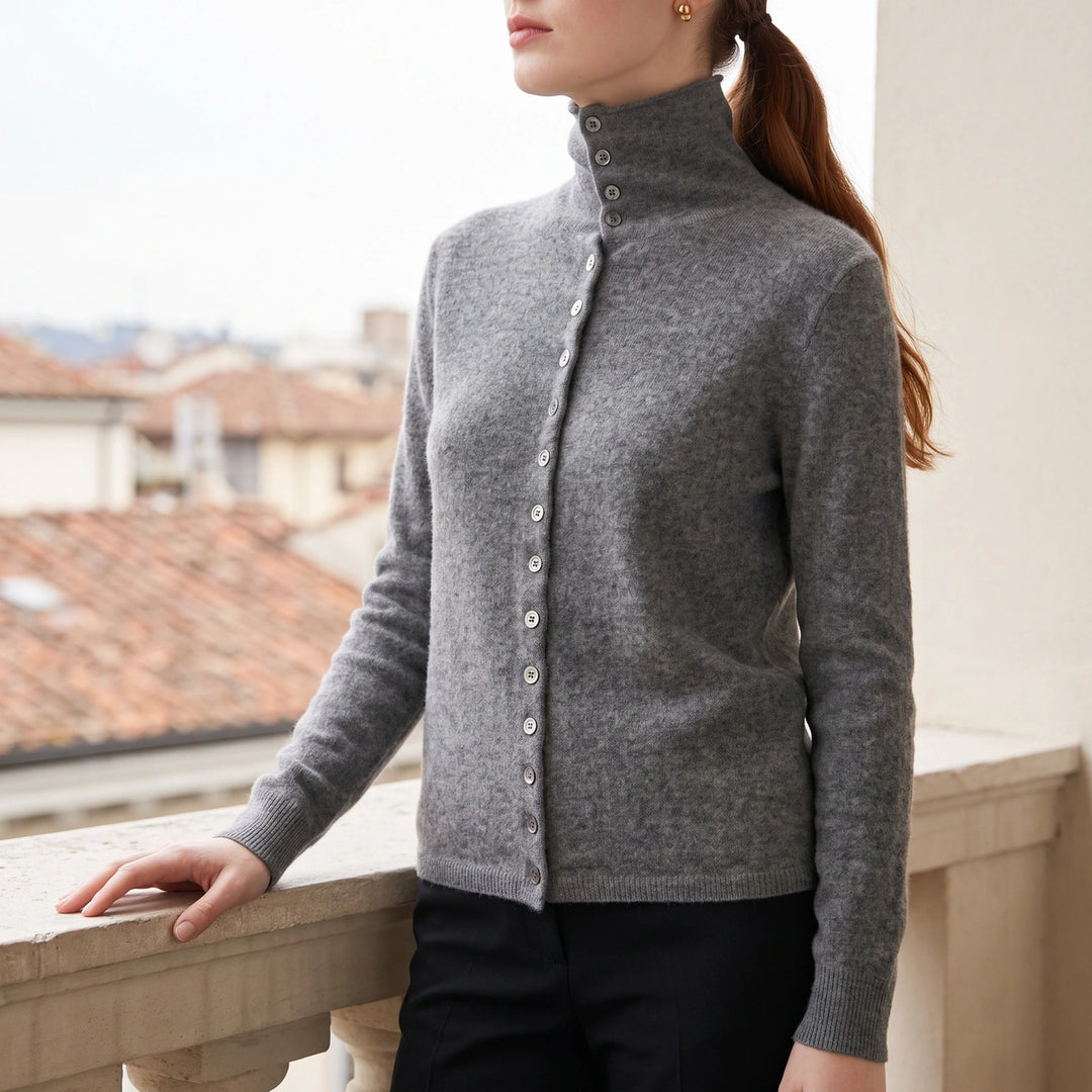 Rosaline Cashmere High Neck Button Cardigan - Gray