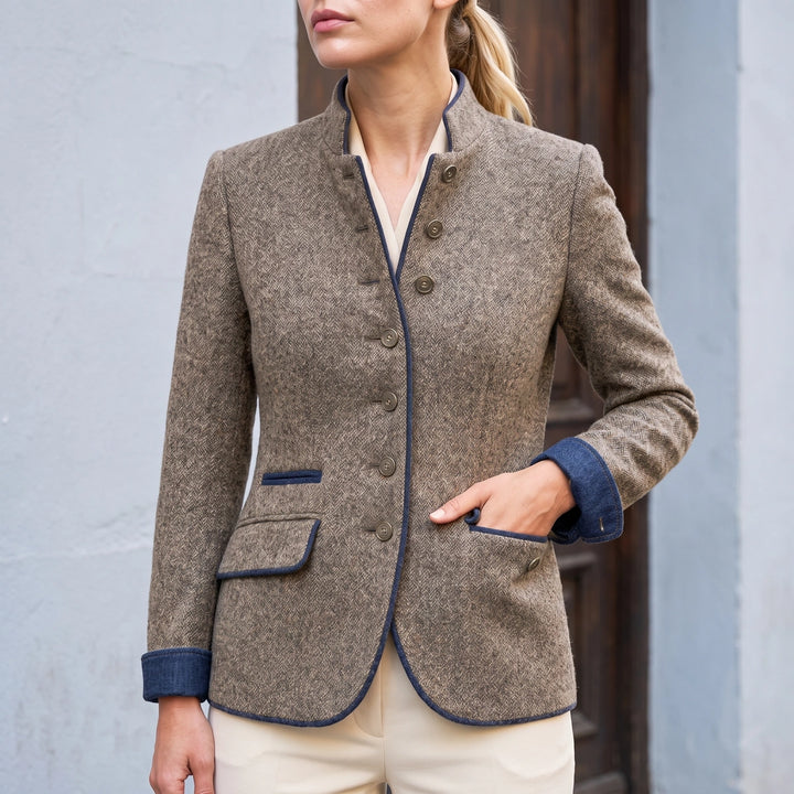 Rosamund Stand Collar Wool Blazer - Coffee