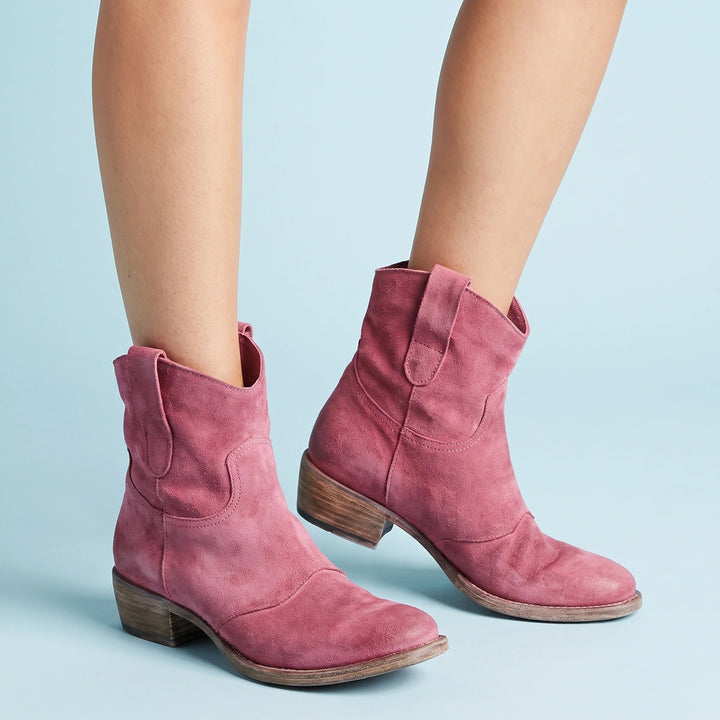 Rosie Western Pull Tab Suede Ankle Boots - Pink